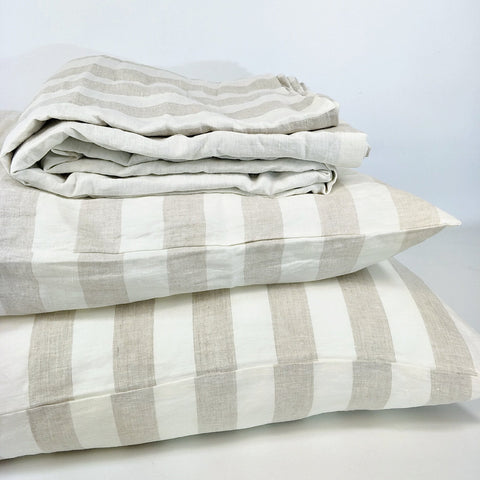 Bed Linen Pure French Linen Quilt Cover + 2 Pillow Cases Natural Stripe