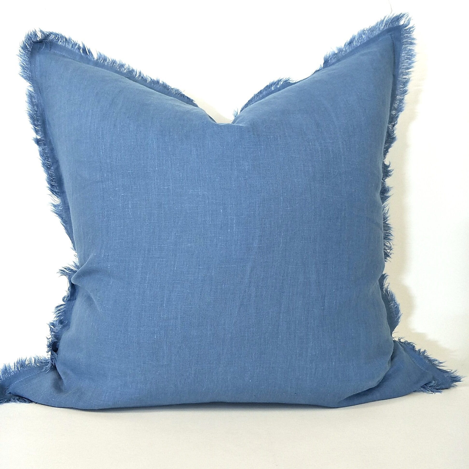 Cushion French Linen Fringed Feather Filled Sea Blue 50cm x 50cm