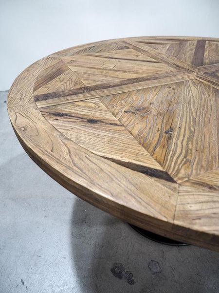 Table Round Recycled Elm Parquetry Top Iron Base