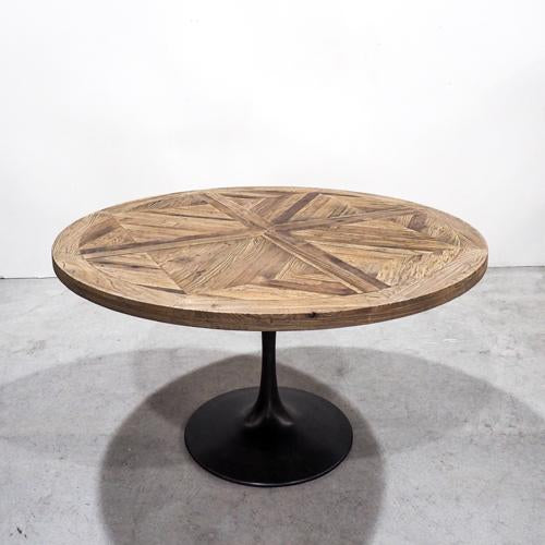 Table Round Recycled Elm Parquetry Top Iron Base