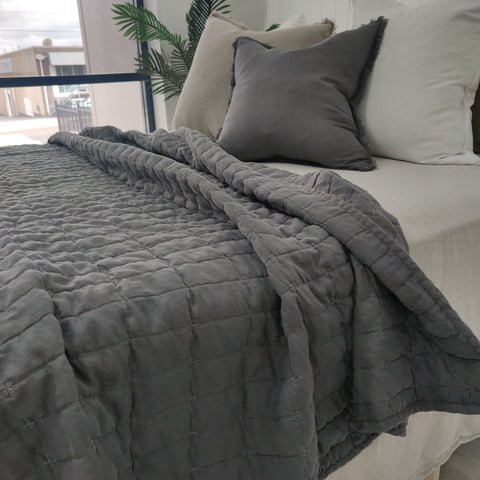 Bed Linen French Linen Quilted Bed Cover Charcoal